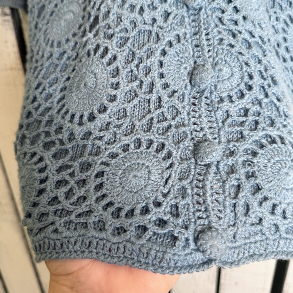 VTG Requirements Petite Blue Crochet Short Sleeve Cardigan Sz L Sweater Boho NWT - Picture 10 of 11
